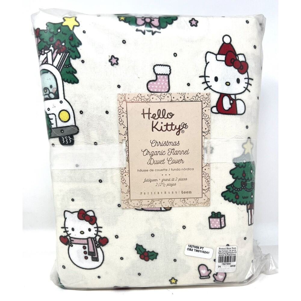 Pottery Barn Teen Hello Kitty Flannel Full Queen Duvet Cover Christmas RED BOWS